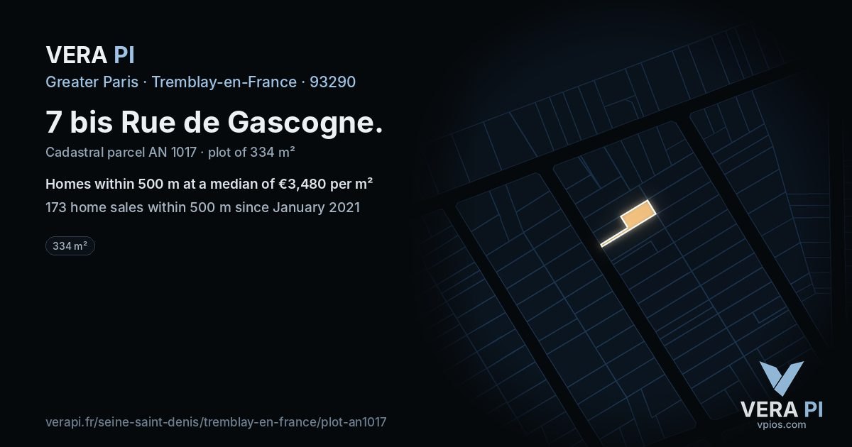7 bis Rue de Gascogne, Tremblay-en-France at night – the plot lit, the parcels around coloured by the prices near them