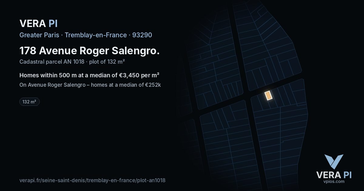 178 Avenue Roger Salengro, Tremblay-en-France at night – the plot lit, the parcels around coloured by the prices near them
