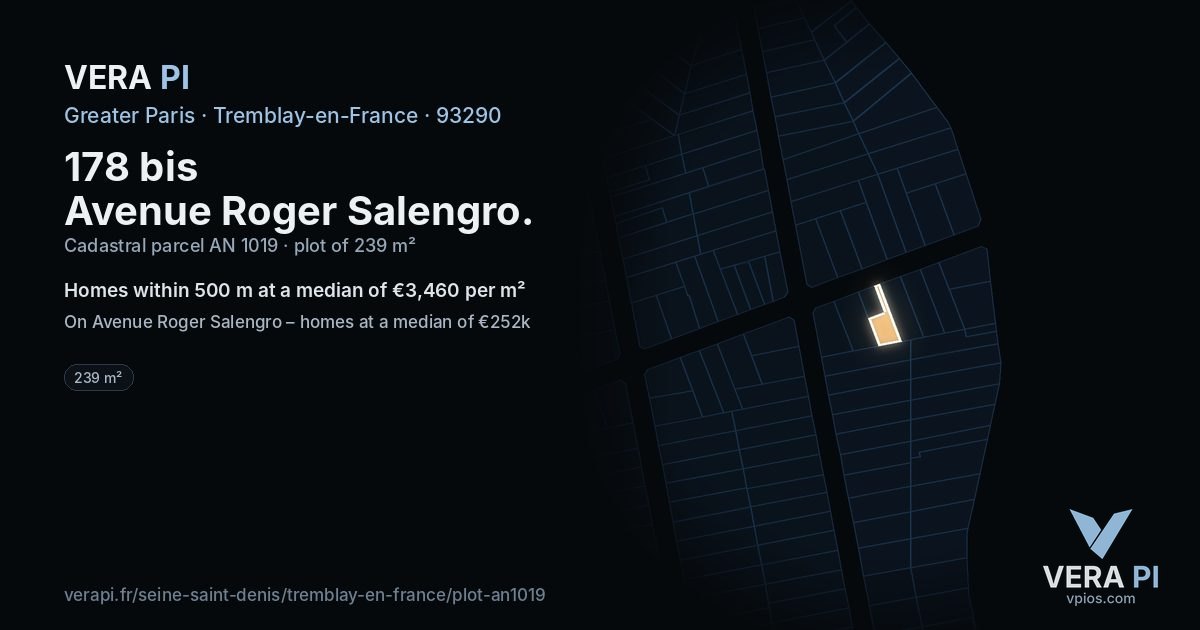 178 bis Avenue Roger Salengro, Tremblay-en-France at night – the plot lit, the parcels around coloured by the prices near them