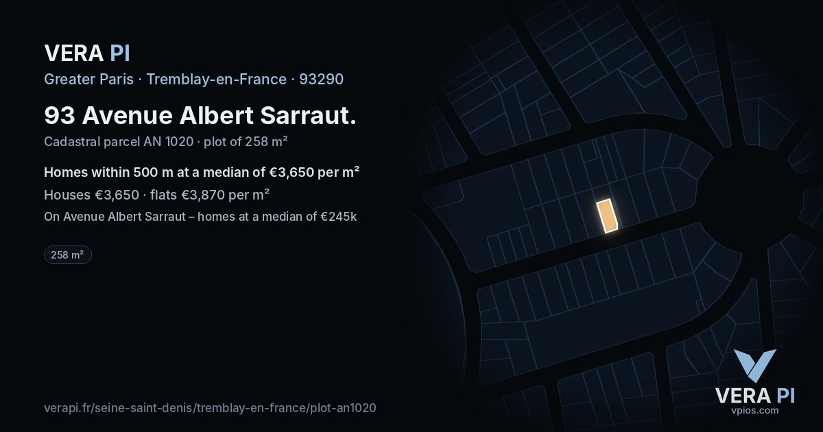 93 Avenue Albert Sarraut, Tremblay-en-France at night – the plot lit, the parcels around coloured by the prices near them