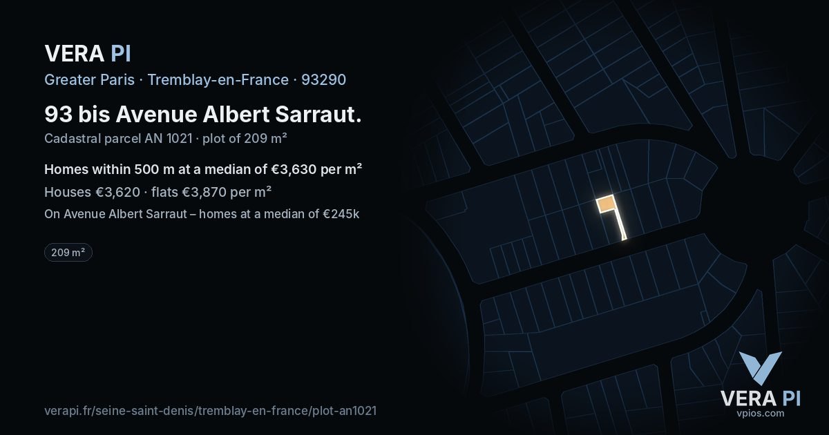 93 bis Avenue Albert Sarraut, Tremblay-en-France at night – the plot lit, the parcels around coloured by the prices near them