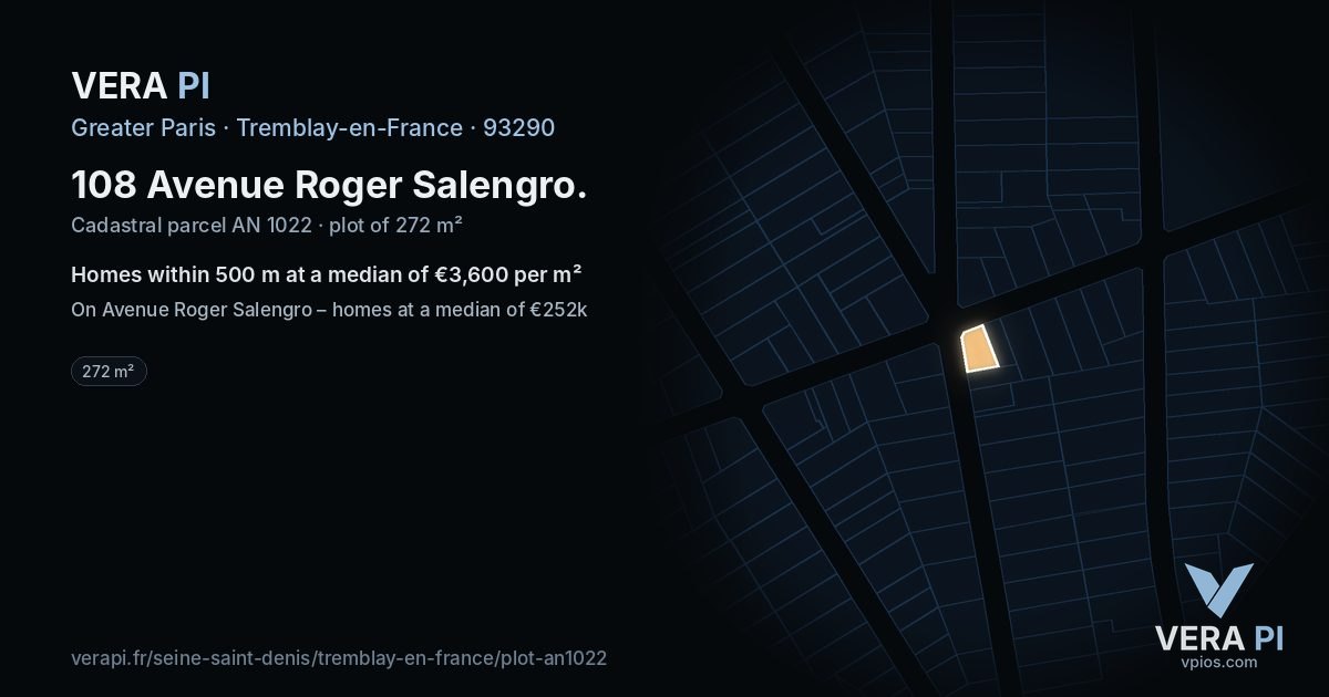 108 Avenue Roger Salengro, Tremblay-en-France at night – the plot lit, the parcels around coloured by the prices near them