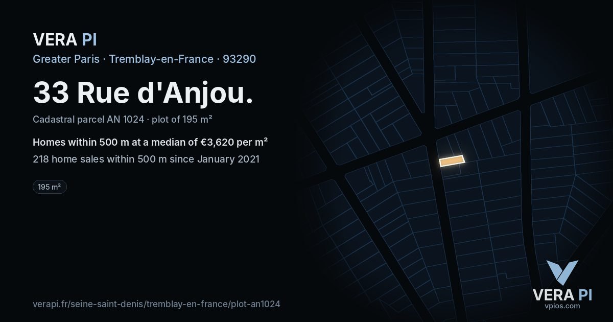 33 Rue d'Anjou, Tremblay-en-France at night – the plot lit, the parcels around coloured by the prices near them