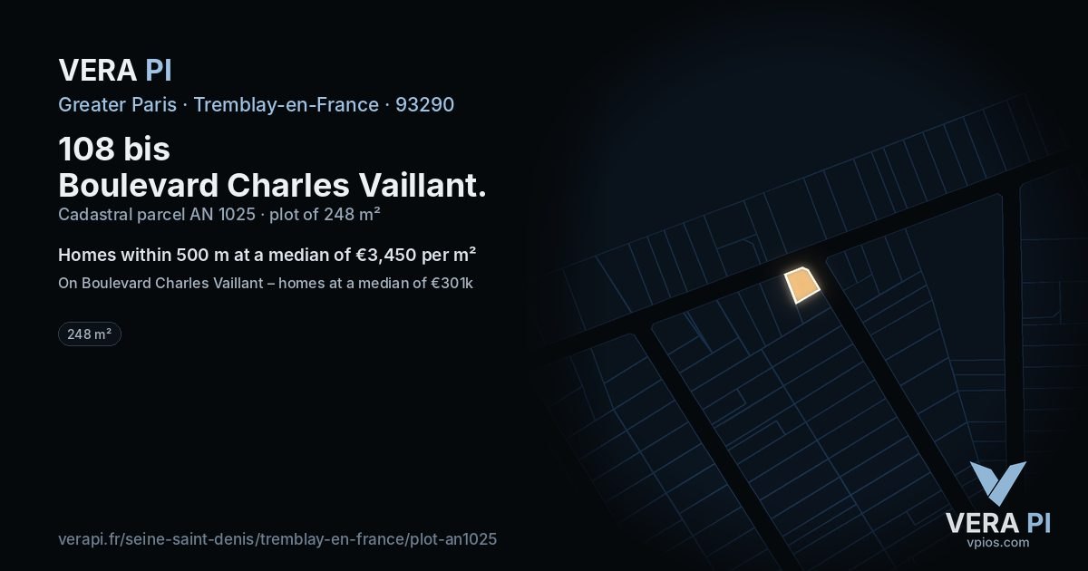 108 bis Boulevard Charles Vaillant, Tremblay-en-France at night – the plot lit, the parcels around coloured by the prices near them