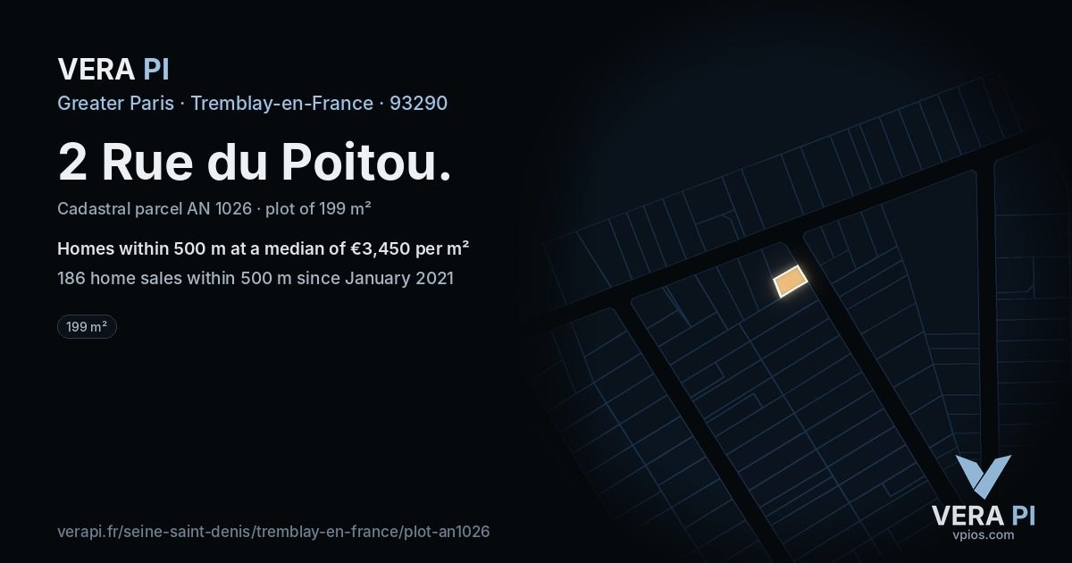 2 Rue du Poitou, Tremblay-en-France at night – the plot lit, the parcels around coloured by the prices near them
