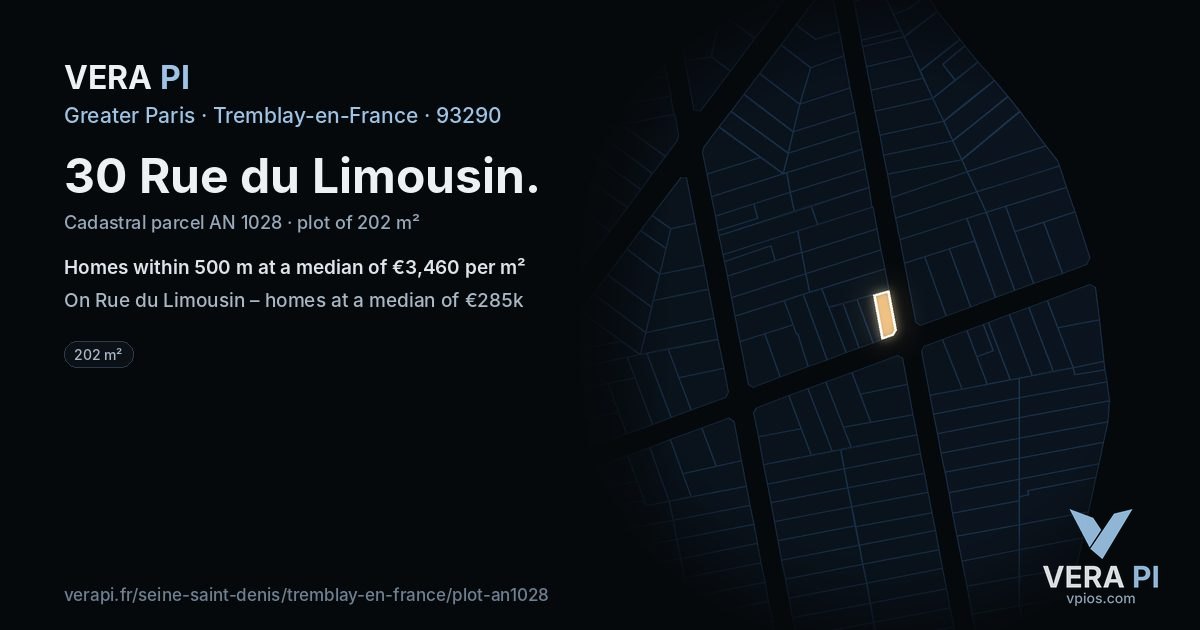 30 Rue du Limousin, Tremblay-en-France at night – the plot lit, the parcels around coloured by the prices near them