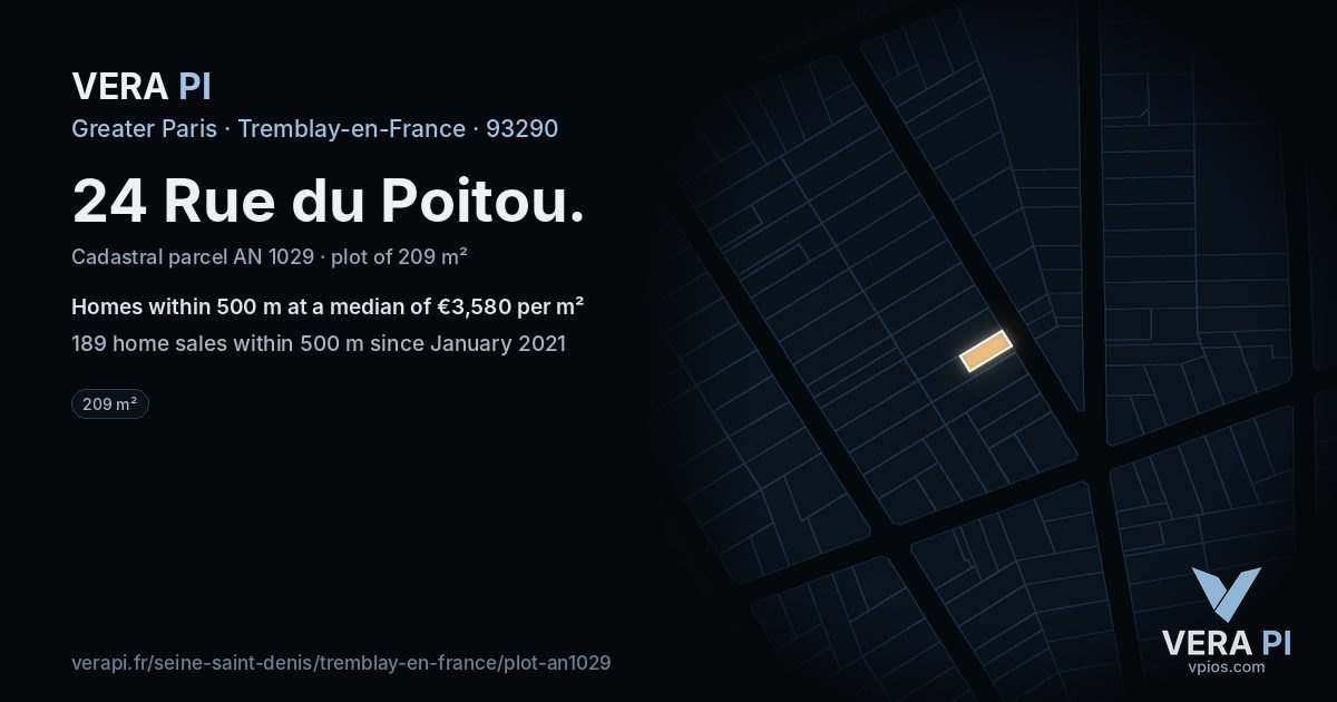 24 Rue du Poitou, Tremblay-en-France at night – the plot lit, the parcels around coloured by the prices near them