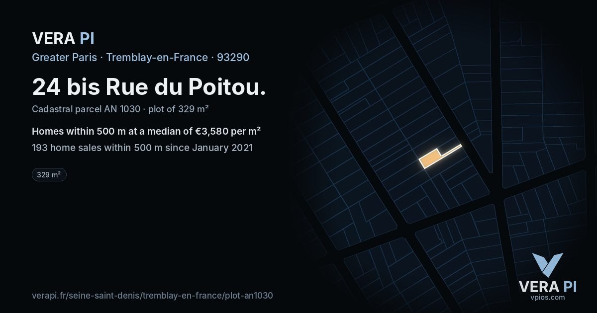 24 bis Rue du Poitou, Tremblay-en-France at night – the plot lit, the parcels around coloured by the prices near them