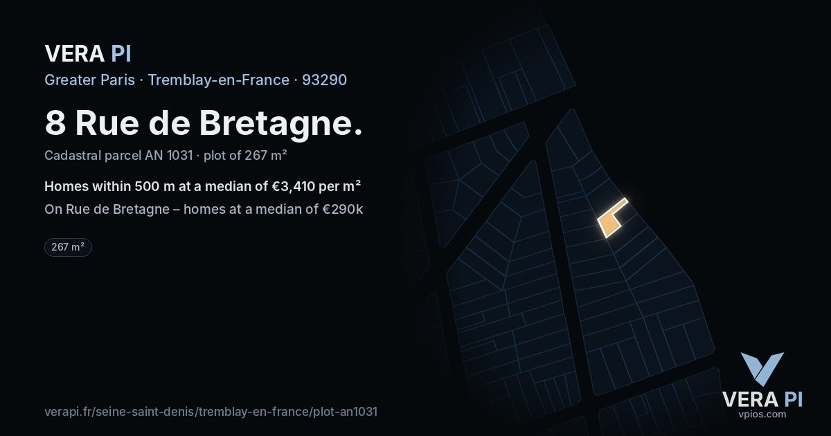 8 Rue de Bretagne, Tremblay-en-France at night – the plot lit, the parcels around coloured by the prices near them