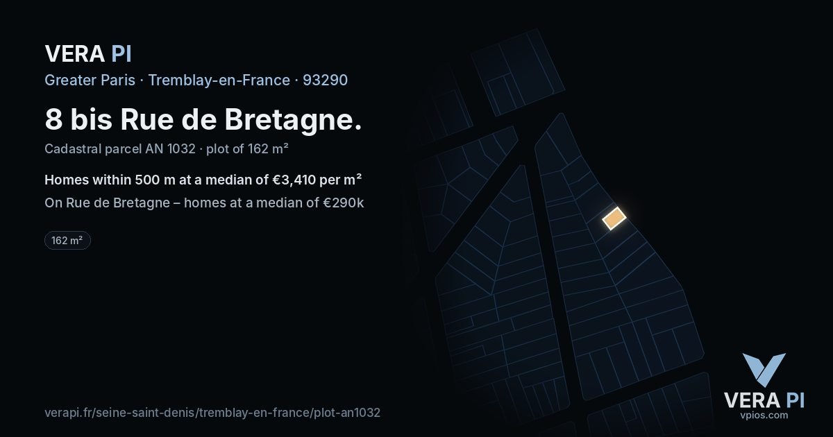 8 bis Rue de Bretagne, Tremblay-en-France at night – the plot lit, the parcels around coloured by the prices near them