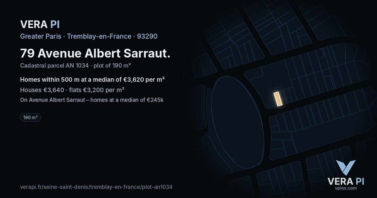 79 Avenue Albert Sarraut, Tremblay-en-France at night – the plot lit, the parcels around coloured by the prices near them