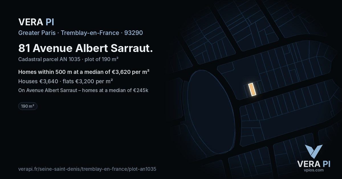 81 Avenue Albert Sarraut, Tremblay-en-France at night – the plot lit, the parcels around coloured by the prices near them