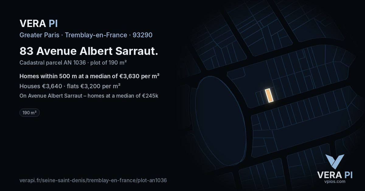 83 Avenue Albert Sarraut, Tremblay-en-France at night – the plot lit, the parcels around coloured by the prices near them