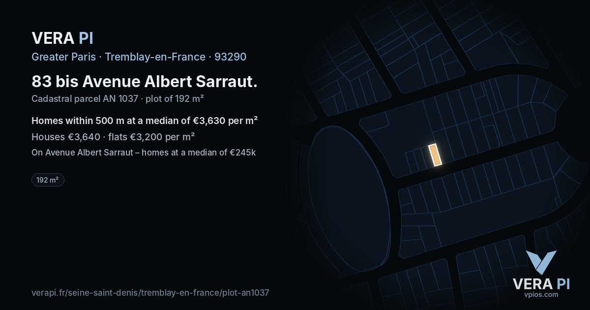 83 bis Avenue Albert Sarraut, Tremblay-en-France at night – the plot lit, the parcels around coloured by the prices near them