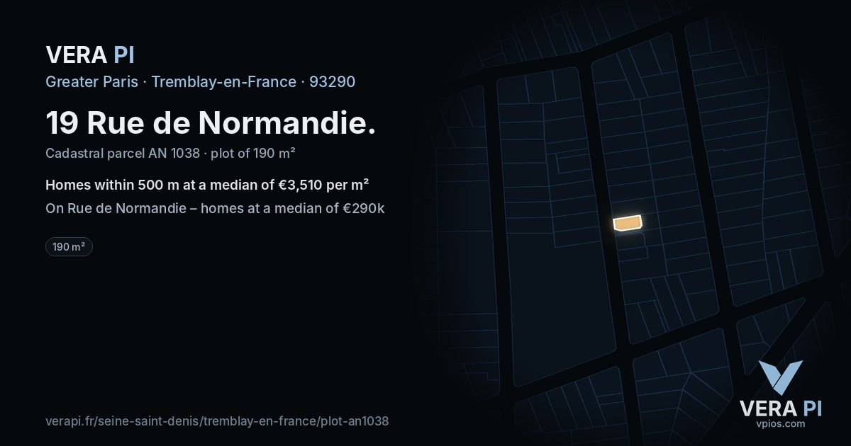 19 Rue de Normandie, Tremblay-en-France at night – the plot lit, the parcels around coloured by the prices near them