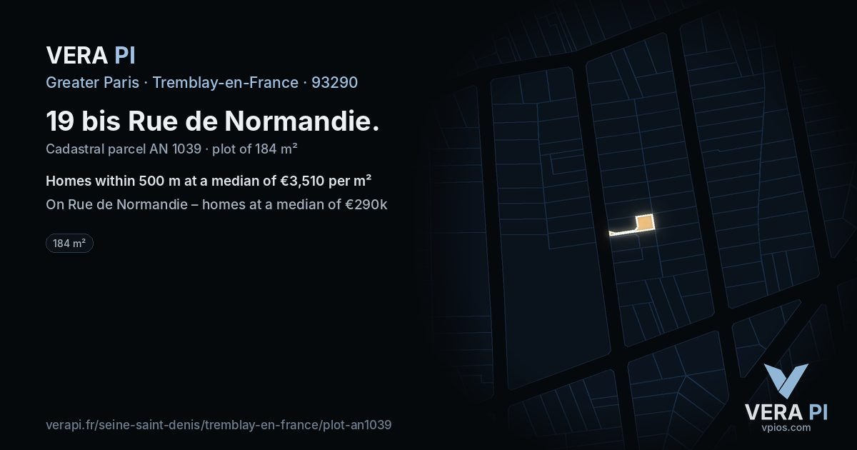 19 bis Rue de Normandie, Tremblay-en-France at night – the plot lit, the parcels around coloured by the prices near them