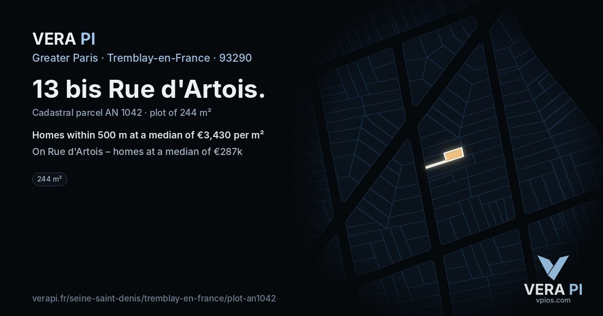 13 bis Rue d'Artois, Tremblay-en-France at night – the plot lit, the parcels around coloured by the prices near them