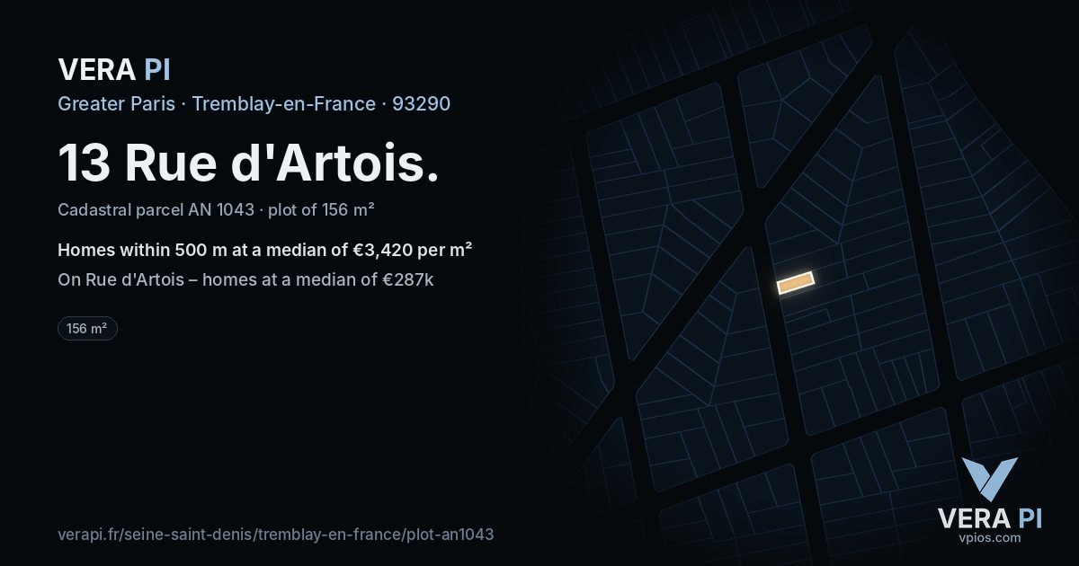 13 Rue d'Artois, Tremblay-en-France at night – the plot lit, the parcels around coloured by the prices near them