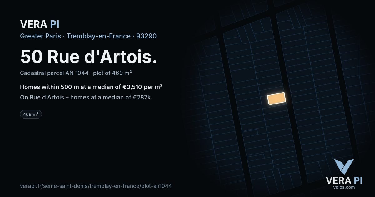 50 Rue d'Artois, Tremblay-en-France at night – the plot lit, the parcels around coloured by the prices near them