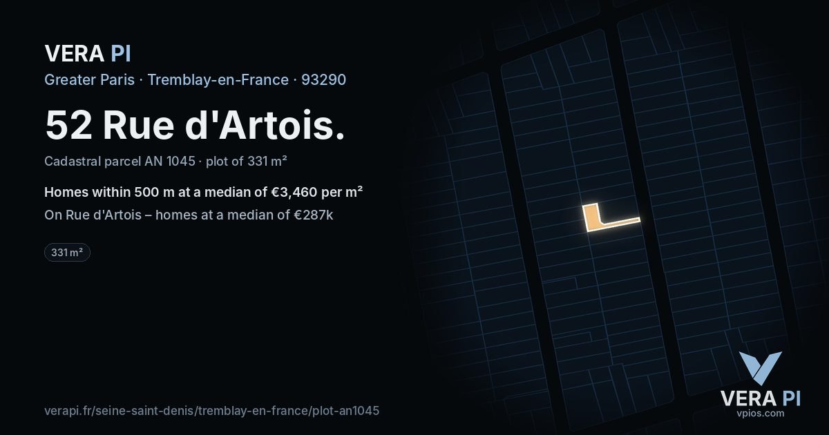 52 Rue d'Artois, Tremblay-en-France at night – the plot lit, the parcels around coloured by the prices near them