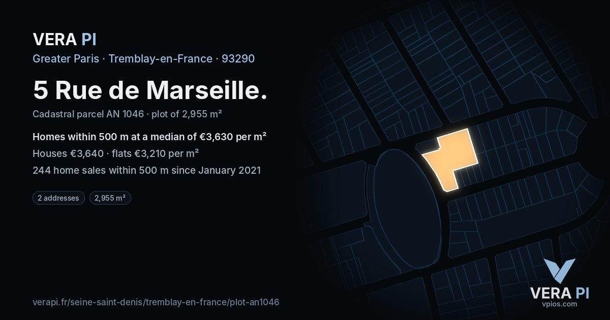5 Rue de Marseille, Tremblay-en-France at night – the plot lit, the parcels around coloured by the prices near them
