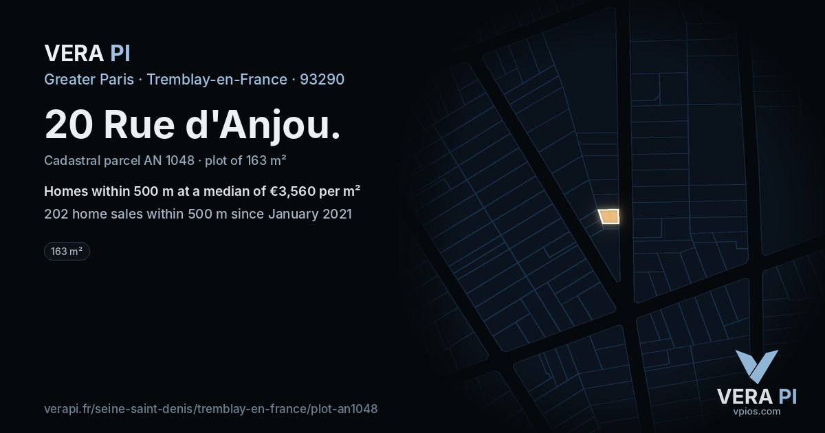 20 Rue d'Anjou, Tremblay-en-France at night – the plot lit, the parcels around coloured by the prices near them