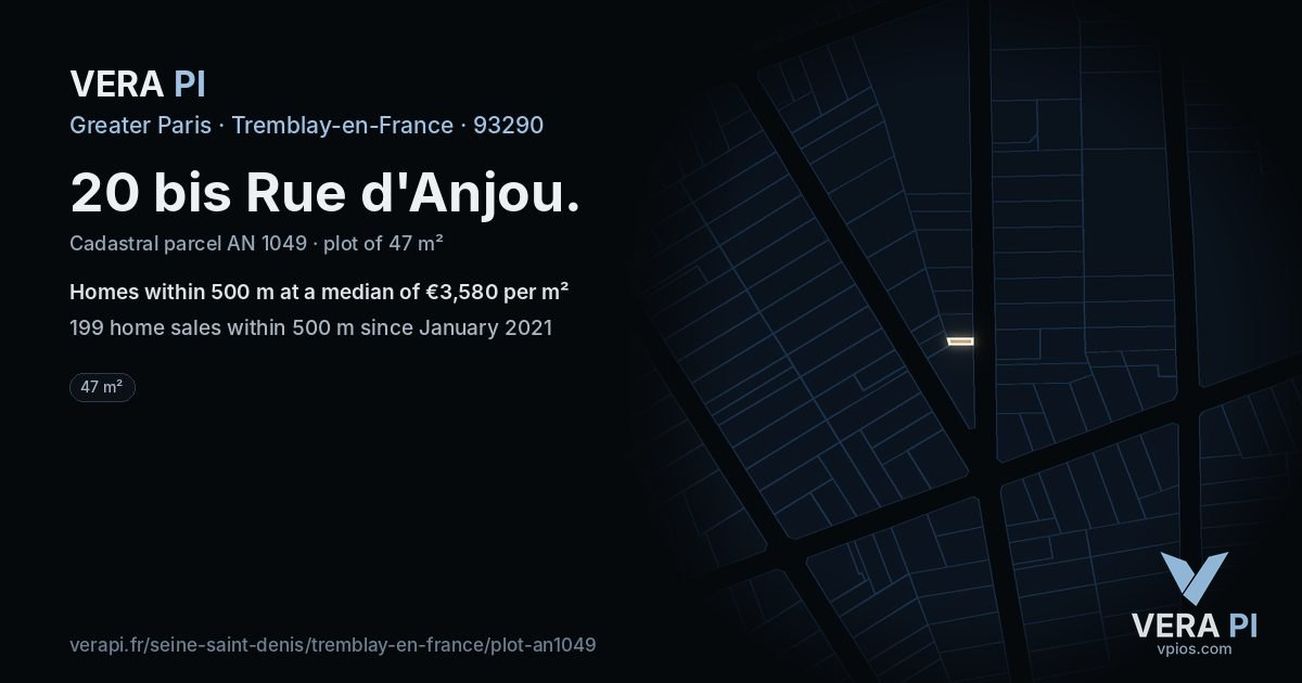 20 bis Rue d'Anjou, Tremblay-en-France at night – the plot lit, the parcels around coloured by the prices near them
