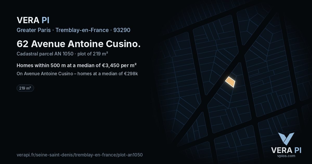62 Avenue Antoine Cusino, Tremblay-en-France at night – the plot lit, the parcels around coloured by the prices near them