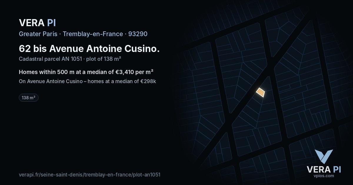 62 bis Avenue Antoine Cusino, Tremblay-en-France at night – the plot lit, the parcels around coloured by the prices near them