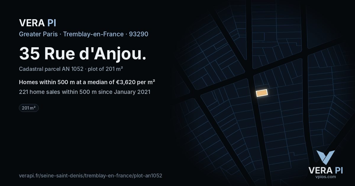 35 Rue d'Anjou, Tremblay-en-France at night – the plot lit, the parcels around coloured by the prices near them