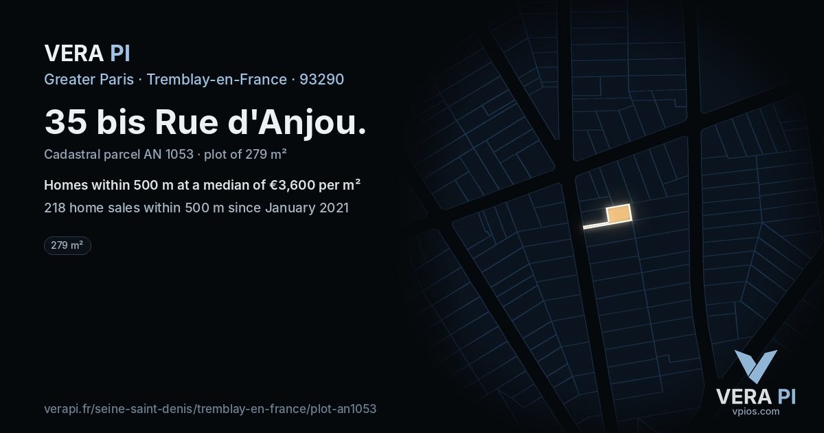 35 bis Rue d'Anjou, Tremblay-en-France at night – the plot lit, the parcels around coloured by the prices near them