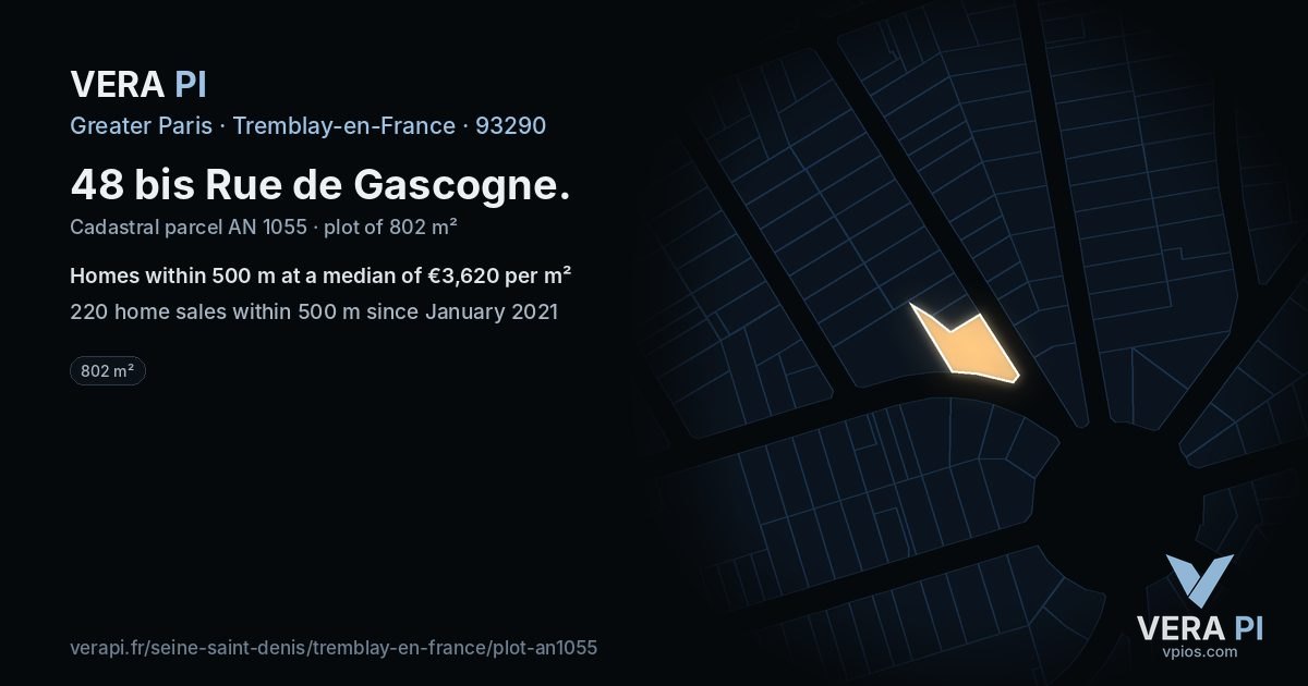 48 bis Rue de Gascogne, Tremblay-en-France at night – the plot lit, the parcels around coloured by the prices near them