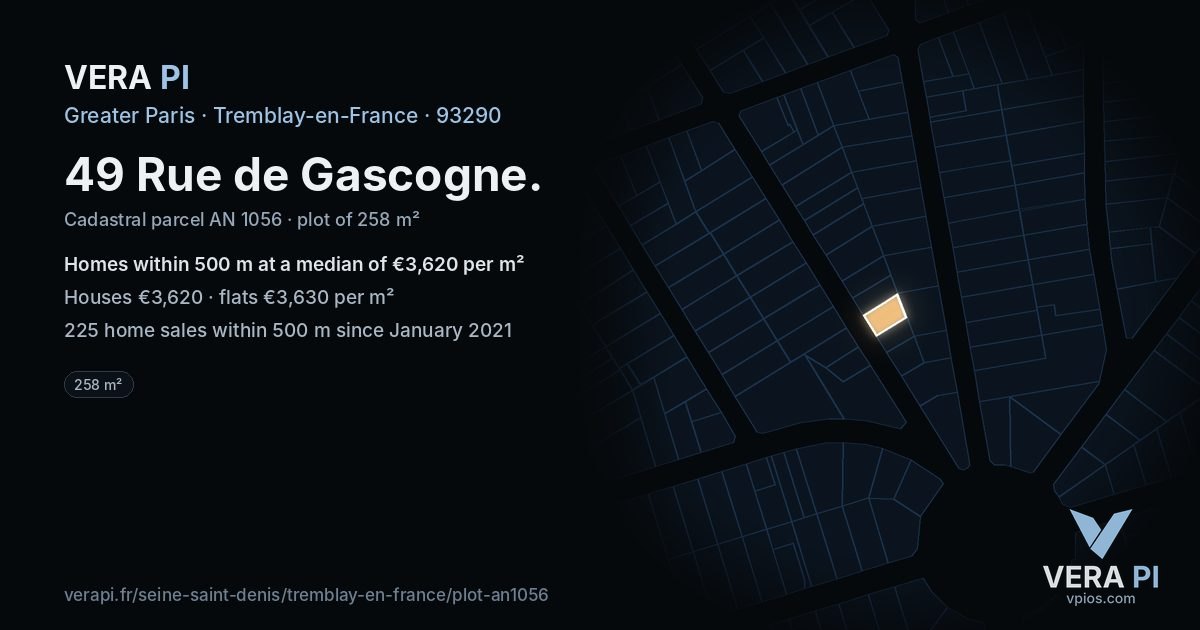 49 Rue de Gascogne, Tremblay-en-France at night – the plot lit, the parcels around coloured by the prices near them