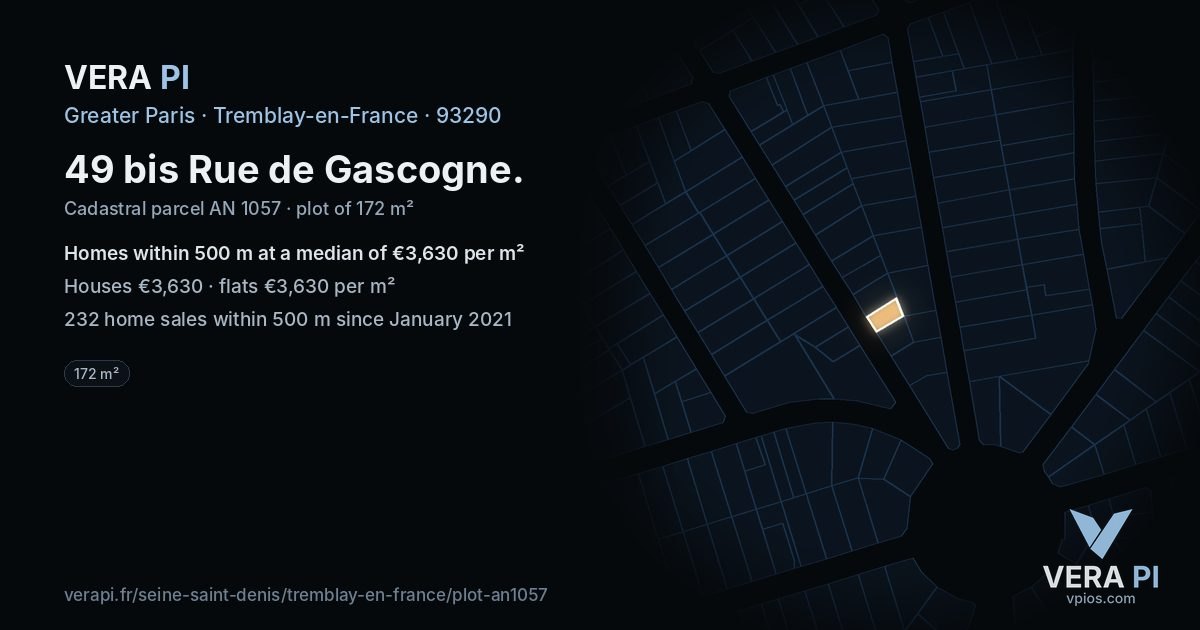 49 bis Rue de Gascogne, Tremblay-en-France at night – the plot lit, the parcels around coloured by the prices near them