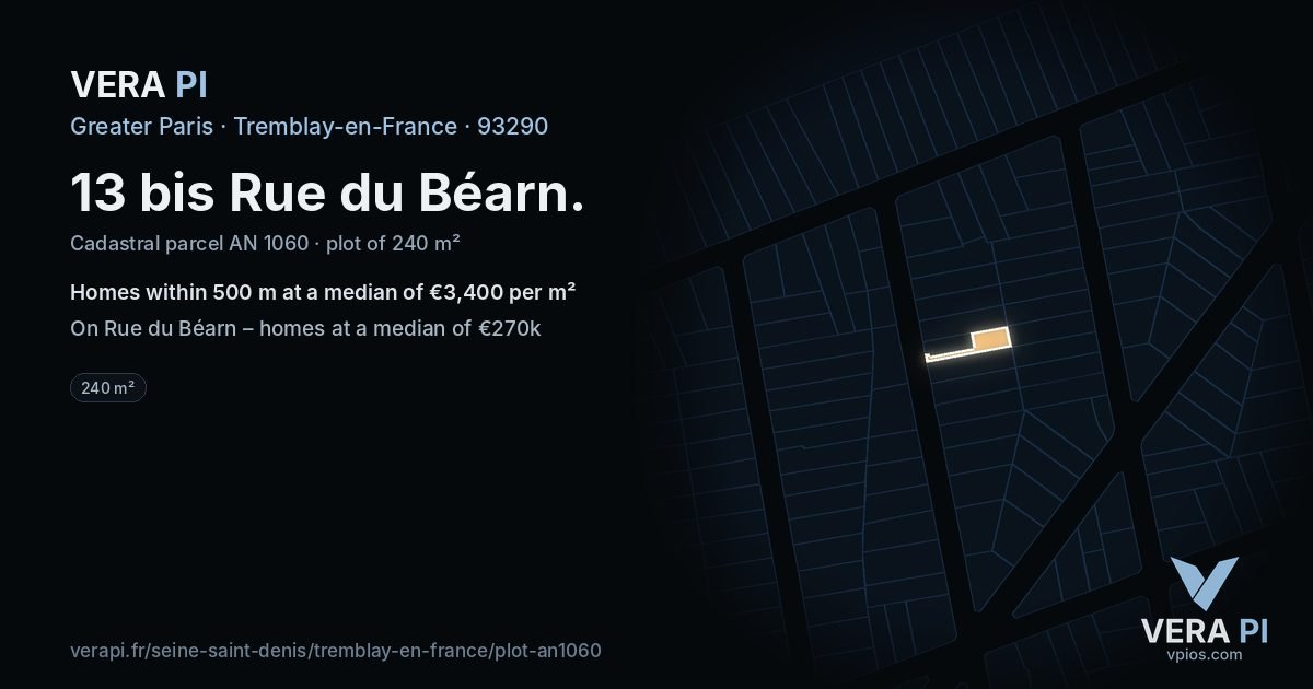 13 bis Rue du Béarn, Tremblay-en-France at night – the plot lit, the parcels around coloured by the prices near them