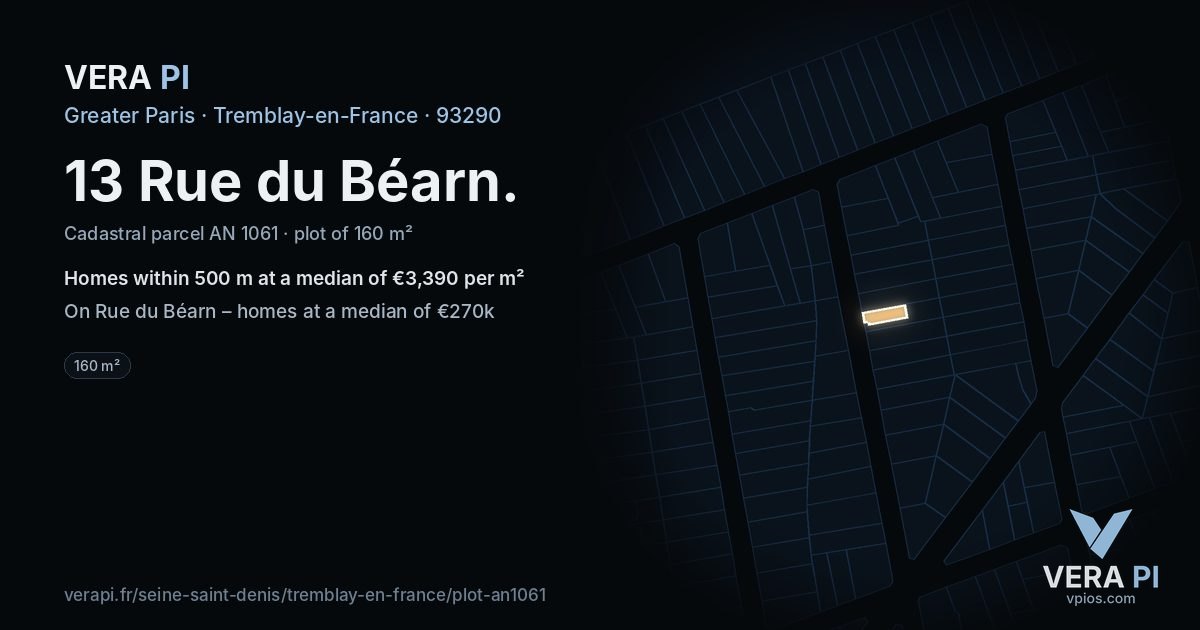 13 Rue du Béarn, Tremblay-en-France at night – the plot lit, the parcels around coloured by the prices near them