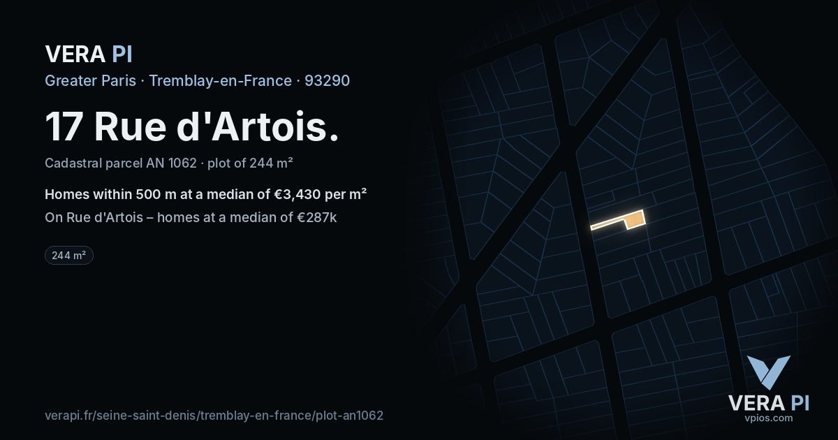17 Rue d'Artois, Tremblay-en-France at night – the plot lit, the parcels around coloured by the prices near them