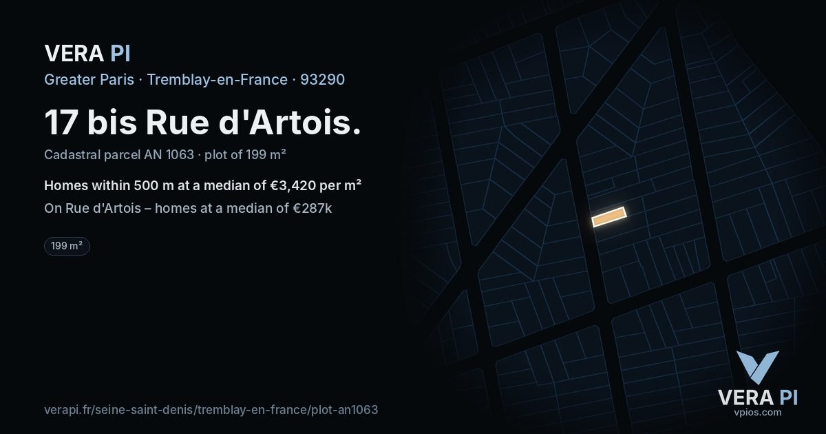 17 bis Rue d'Artois, Tremblay-en-France at night – the plot lit, the parcels around coloured by the prices near them