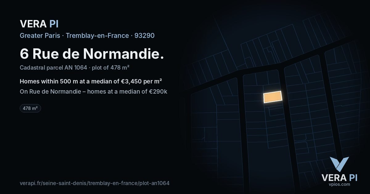 6 Rue de Normandie, Tremblay-en-France at night – the plot lit, the parcels around coloured by the prices near them