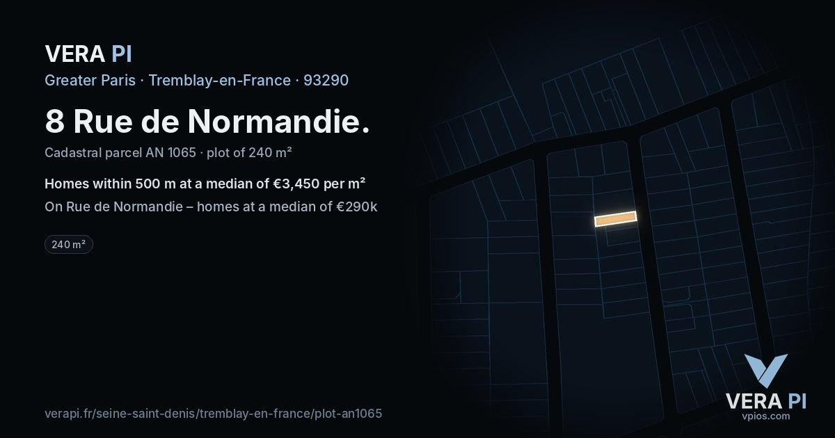 8 Rue de Normandie, Tremblay-en-France at night – the plot lit, the parcels around coloured by the prices near them