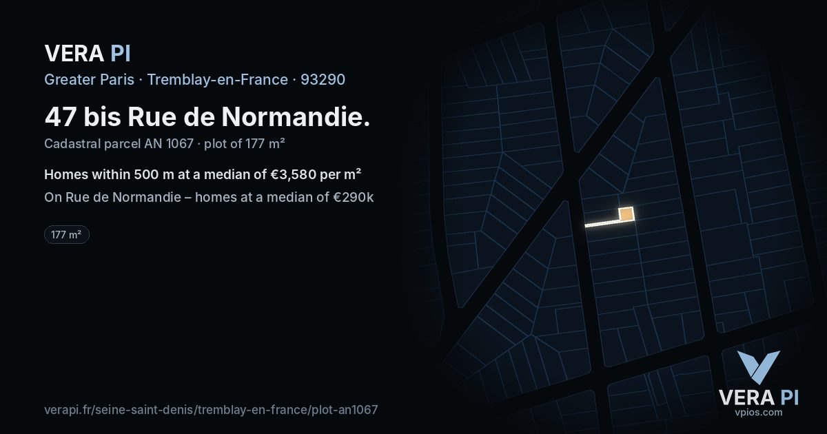 47 bis Rue de Normandie, Tremblay-en-France at night – the plot lit, the parcels around coloured by the prices near them