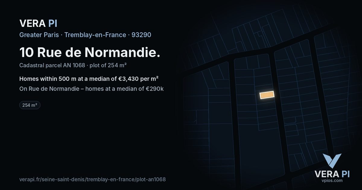 10 Rue de Normandie, Tremblay-en-France at night – the plot lit, the parcels around coloured by the prices near them