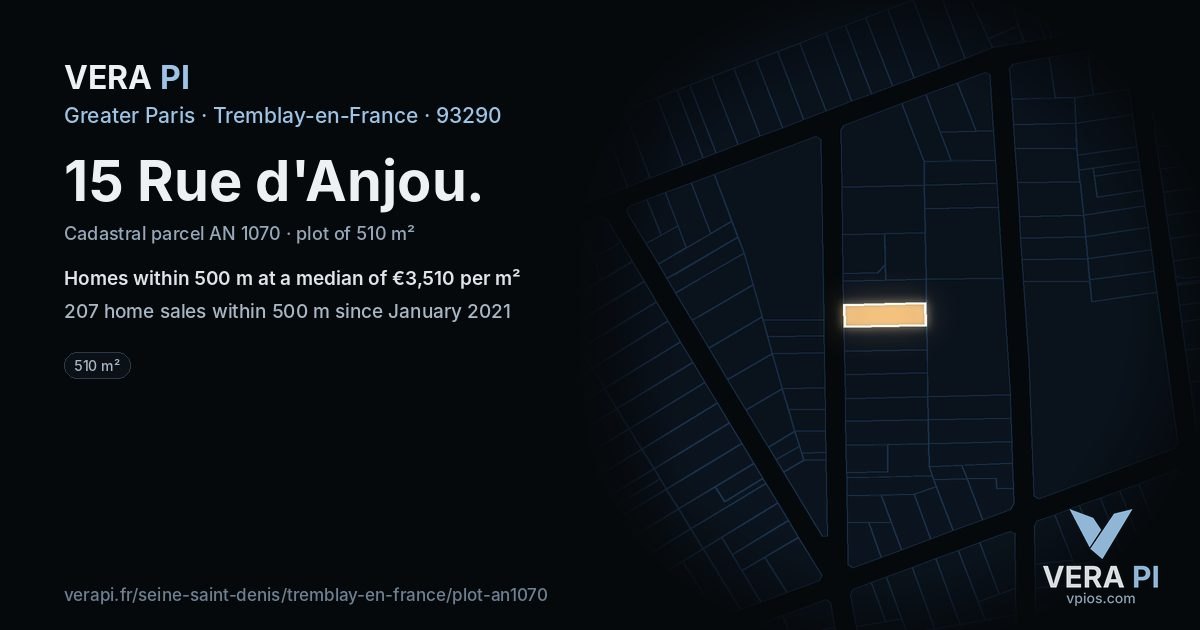 15 Rue d'Anjou, Tremblay-en-France at night – the plot lit, the parcels around coloured by the prices near them