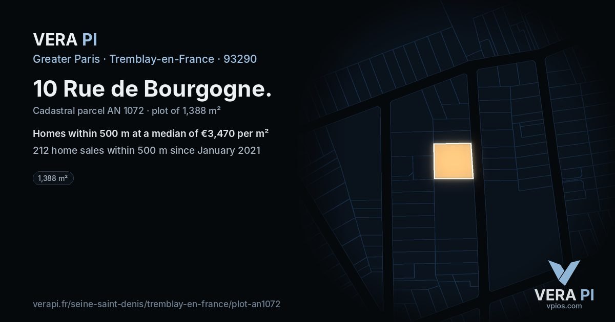 10 Rue de Bourgogne, Tremblay-en-France at night – the plot lit, the parcels around coloured by the prices near them
