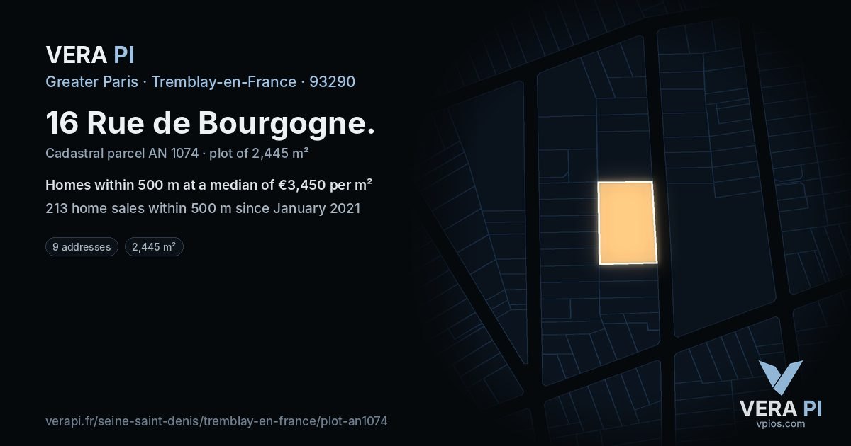 16 Rue de Bourgogne, Tremblay-en-France at night – the plot lit, the parcels around coloured by the prices near them