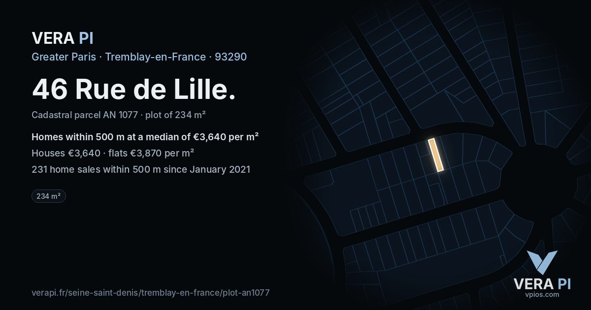 46 Rue de Lille, Tremblay-en-France at night – the plot lit, the parcels around coloured by the prices near them
