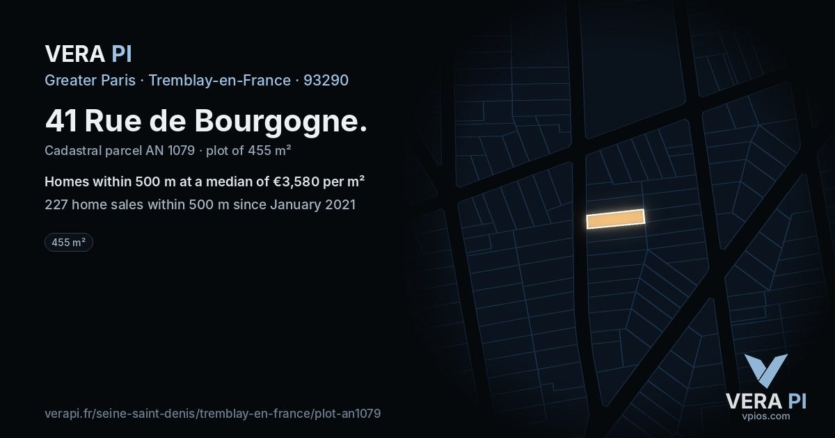 41 Rue de Bourgogne, Tremblay-en-France at night – the plot lit, the parcels around coloured by the prices near them