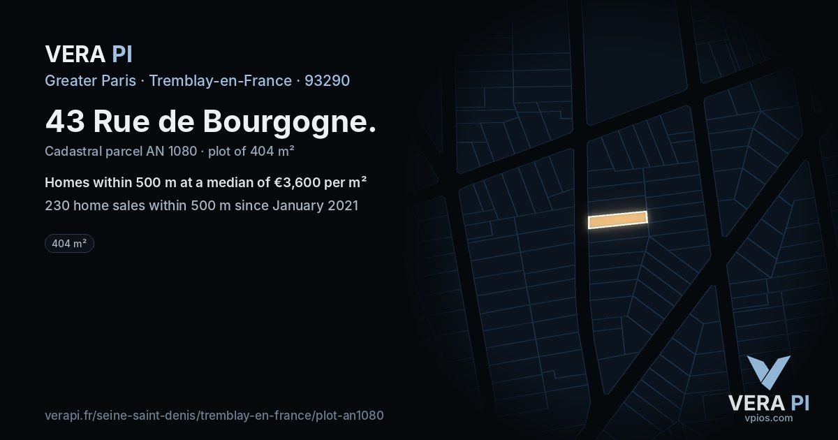 43 Rue de Bourgogne, Tremblay-en-France at night – the plot lit, the parcels around coloured by the prices near them