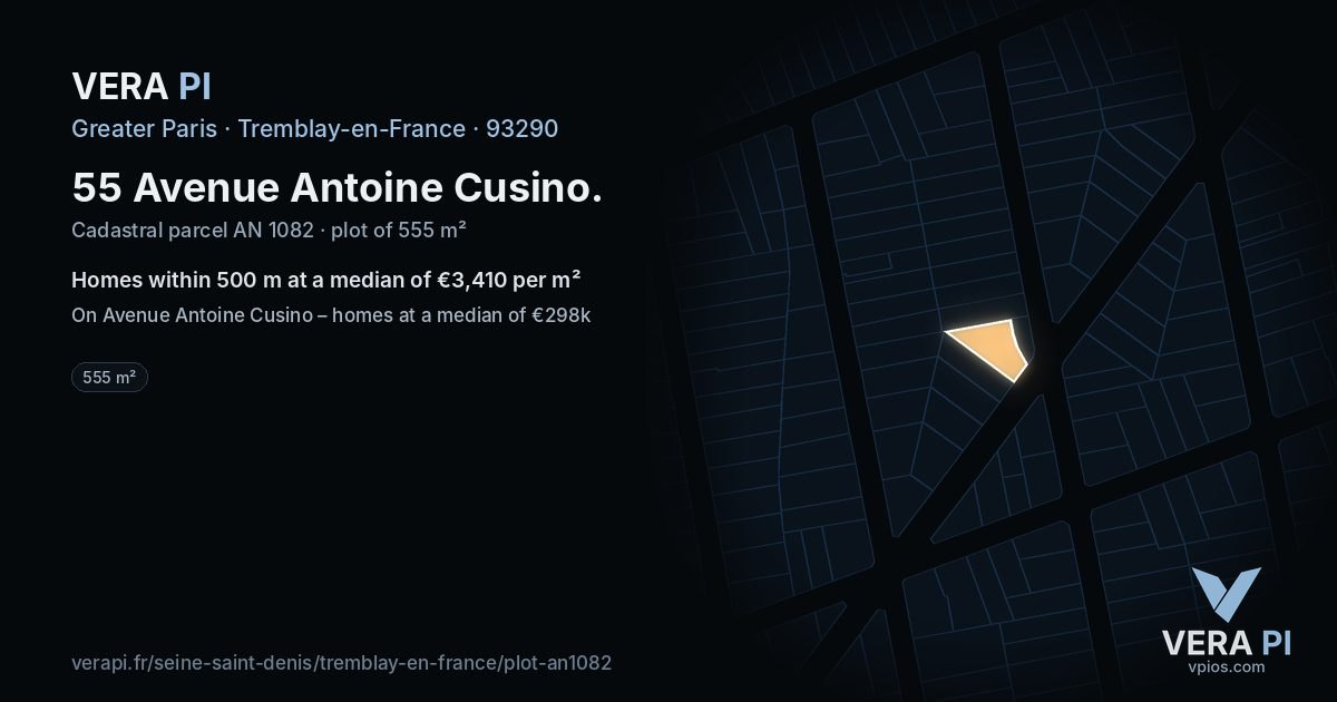 55 Avenue Antoine Cusino, Tremblay-en-France at night – the plot lit, the parcels around coloured by the prices near them