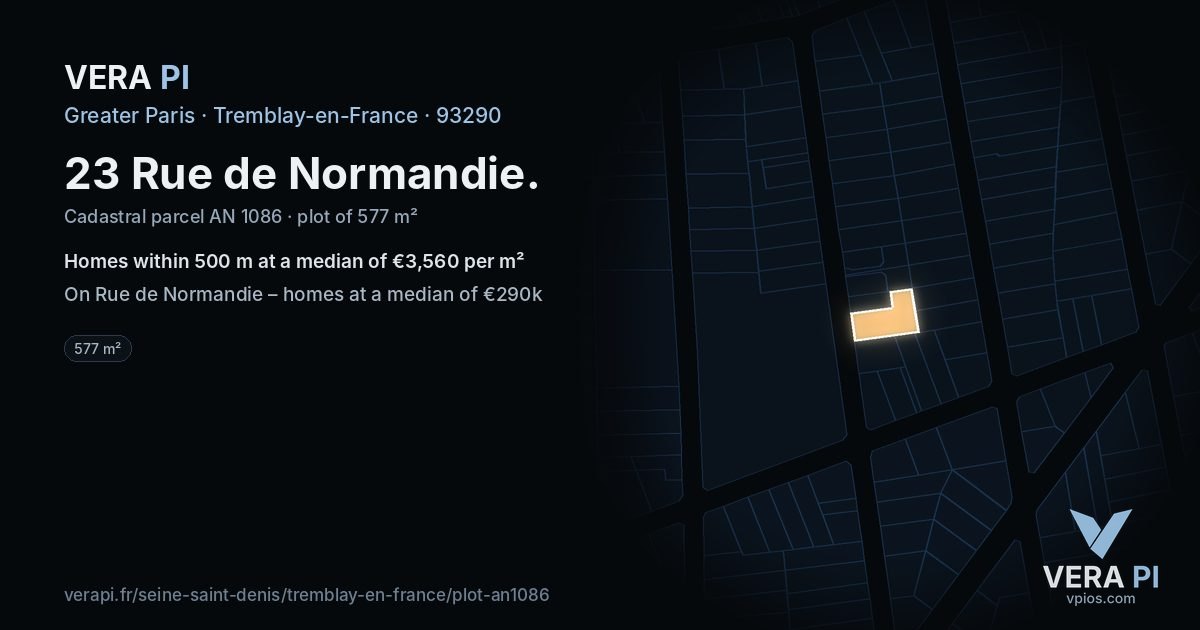 23 Rue de Normandie, Tremblay-en-France at night – the plot lit, the parcels around coloured by the prices near them